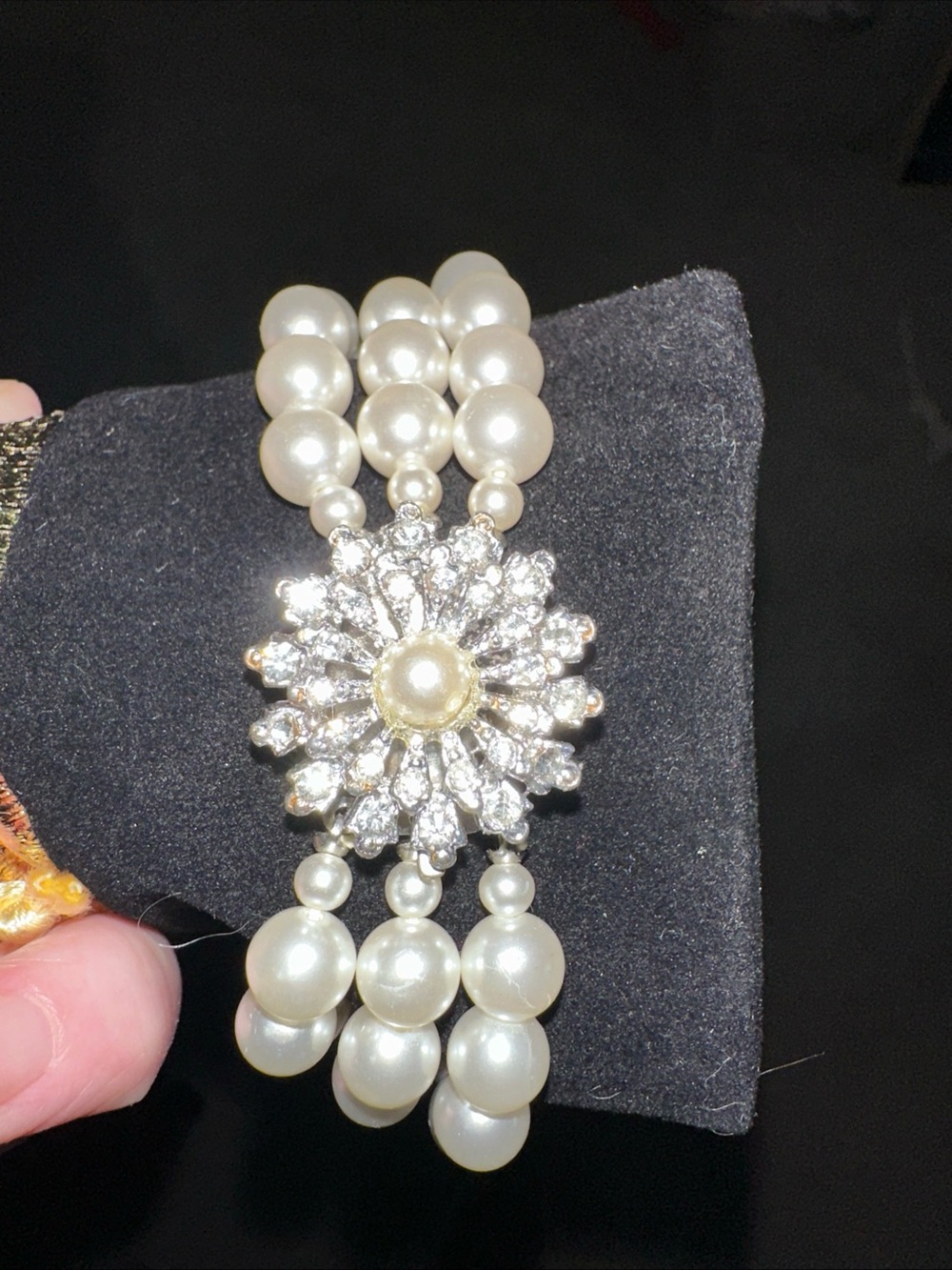 Source Unknown Pearl Multi-Strand Bracelet with Crystal Flower Center - Ivory